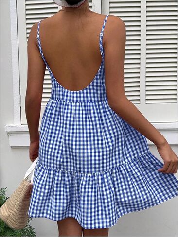 SweatyRocks Women's Summer Gingham Dresses Backless Spaghetti Strap Loose Ruffle Mini Vacation Dress in Saudi Arabia
