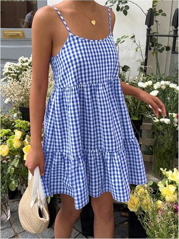 SweatyRocks Women's Summer Gingham Dresses Backless Spaghetti Strap Loose Ruffle Mini Vacation Dress in Saudi Arabia