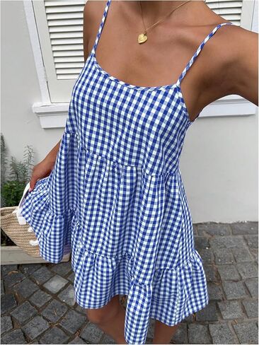 SweatyRocks Women's Summer Gingham Dresses Backless Spaghetti Strap Loose Ruffle Mini Vacation Dress in Saudi Arabia