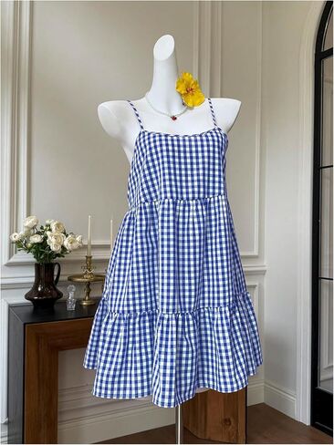 SweatyRocks Women's Summer Gingham Dresses Backless Spaghetti Strap Loose Ruffle Mini Vacation Dress in Saudi Arabia