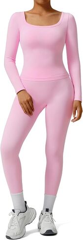 SUUKSESS Women 2 Piece Workout Sets High Waisted Seamless Leggings Active Long Sleeve Tops in Saudi Arabia