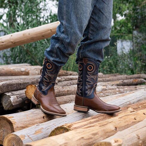 Men’s Western Cowboy Boots, Fashionable Embroidered Full Grain Leather, Square Toe Pull-On, 4-Layer Composite Sole, Slip-Resistant Work & Riding Boots (PLT103604) in Kuwait
