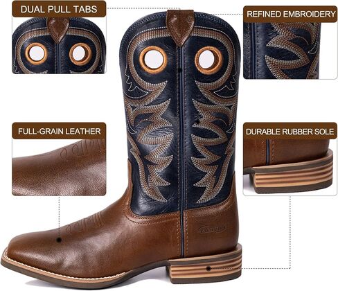 Men’s Western Cowboy Boots, Fashionable Embroidered Full Grain Leather, Square Toe Pull-On, 4-Layer Composite Sole, Slip-Resistant Work & Riding Boots (PLT103604) in Kuwait