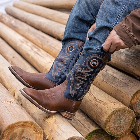 Men’s Western Cowboy Boots, Fashionable Embroidered Full Grain Leather, Square Toe Pull-On, 4-Layer Composite Sole, Slip-Resistant Work & Riding Boots (PLT103604) in Kuwait