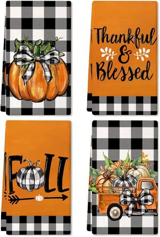 ARKENY Fall Kitchen Towels Set of 2,Black Buffalo Check Bowknot Pumpkin Autumn Dish Towels 18x26 Inch Drying Dishcloth,Farmhouse Home Decoration AD131 in Kuwait