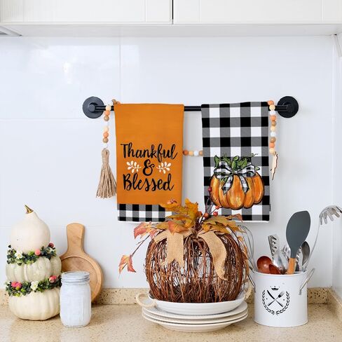 ARKENY Fall Kitchen Towels Set of 2,Black Buffalo Check Bowknot Pumpkin Autumn Dish Towels 18x26 Inch Drying Dishcloth,Farmhouse Home Decoration AD131 in Kuwait