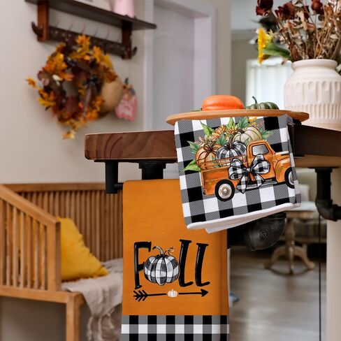 ARKENY Fall Kitchen Towels Set of 2,Black Buffalo Check Bowknot Pumpkin Autumn Dish Towels 18x26 Inch Drying Dishcloth,Farmhouse Home Decoration AD131 in Kuwait