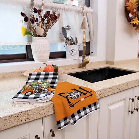 ARKENY Fall Kitchen Towels Set of 2,Black Buffalo Check Bowknot Pumpkin Autumn Dish Towels 18x26 Inch Drying Dishcloth,Farmhouse Home Decoration AD131 in Kuwait