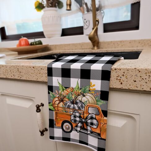 ARKENY Fall Kitchen Towels Set of 2,Black Buffalo Check Bowknot Pumpkin Autumn Dish Towels 18x26 Inch Drying Dishcloth,Farmhouse Home Decoration AD131 in Kuwait