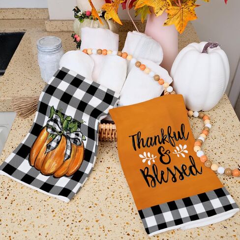 ARKENY Fall Kitchen Towels Set of 2,Black Buffalo Check Bowknot Pumpkin Autumn Dish Towels 18x26 Inch Drying Dishcloth,Farmhouse Home Decoration AD131 in Kuwait
