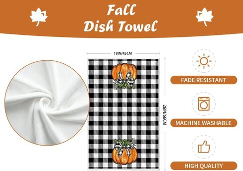 ARKENY Fall Kitchen Towels Set of 2,Black Buffalo Check Bowknot Pumpkin Autumn Dish Towels 18x26 Inch Drying Dishcloth,Farmhouse Home Decoration AD131 in Kuwait