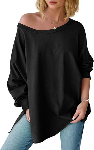 Tankaneo Womens Oversized Off The Shoulder Tops Long Sleeve Trendy Casual T-Shirts Side Slit Loose Fit Tunic Shirts in Saudi Arabia