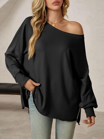 Tankaneo Womens Oversized Off The Shoulder Tops Long Sleeve Trendy Casual T-Shirts Side Slit Loose Fit Tunic Shirts in Saudi Arabia