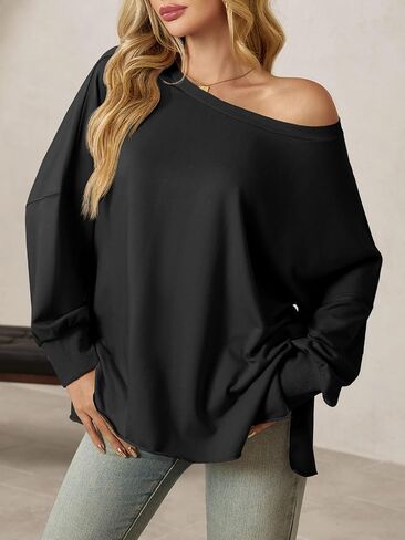 Tankaneo Womens Oversized Off The Shoulder Tops Long Sleeve Trendy Casual T-Shirts Side Slit Loose Fit Tunic Shirts in Saudi Arabia