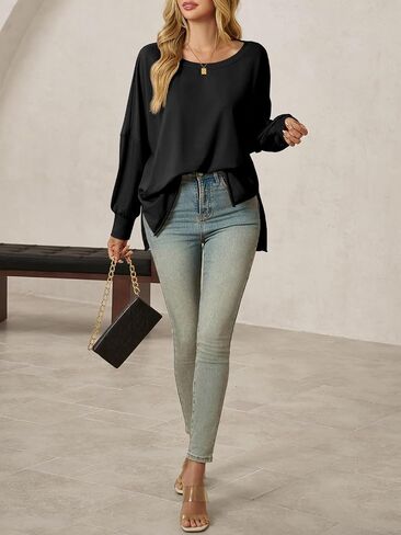 Tankaneo Womens Oversized Off The Shoulder Tops Long Sleeve Trendy Casual T-Shirts Side Slit Loose Fit Tunic Shirts in Saudi Arabia