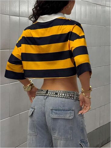 Women's Oversized Striped Crop Tops Short Sleeve Collared T Shirt Preppy Golf Shirts in Saudi Arabia