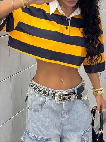 Women's Oversized Striped Crop Tops Short Sleeve Collared T Shirt Preppy Golf Shirts in Saudi Arabia