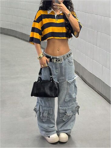 Women's Oversized Striped Crop Tops Short Sleeve Collared T Shirt Preppy Golf Shirts in Saudi Arabia