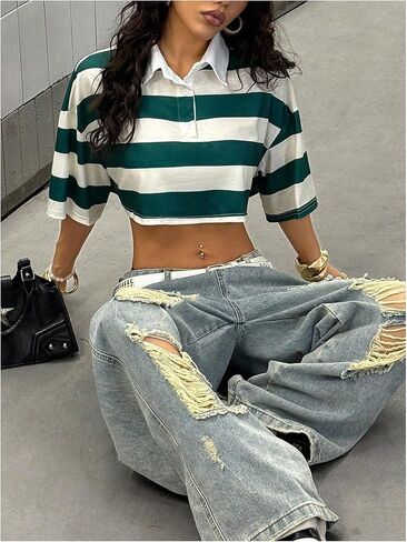 Women's Oversized Striped Crop Tops Short Sleeve Collared T Shirt Preppy Golf Shirts in Kuwait