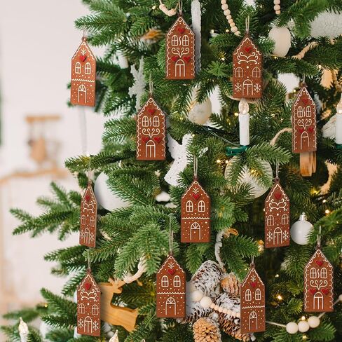 Thyle 12 Pcs Wooden Christmas Village Door Hanging Ornament Xmas Tree Tag Decoration Wooden House for Craft Small Hanging Ornament with Rope for Holiday Winter Gift Decor Supplies(Colorful) in Saudi Arabia