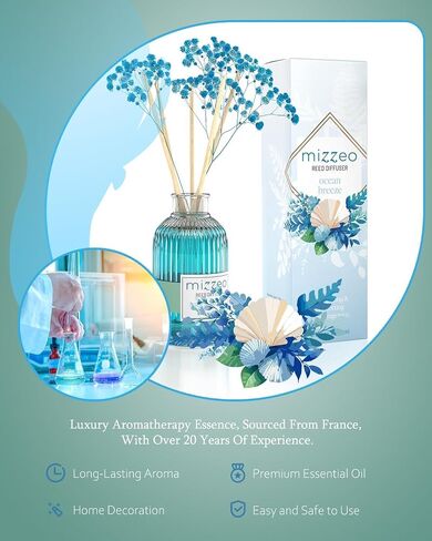 MIZZEO Reed Diffuser Set, Ocean Beach 6.76 fl oz Highly Scented Room Diffuser Home Fragrance Essential Oil Reed Flower Diffuser, House Bedroom Office Decor & Gifts in Kuwait