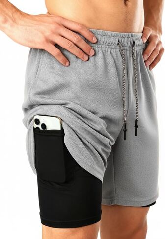 Men's 2 in 1 Workout Running Shorts with Zipper Pockets Lightweight Training Yoga Gym Short Grayish+Black M in Saudi Arabia