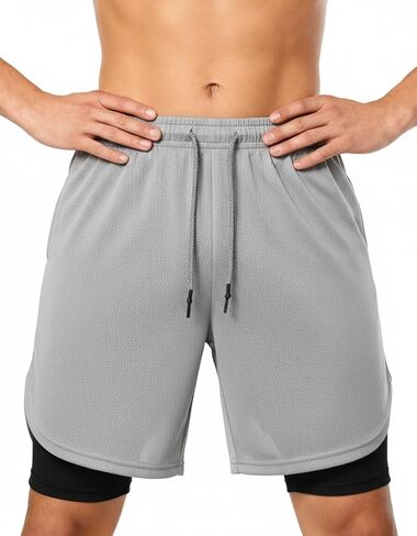 Men's 2 in 1 Workout Running Shorts with Zipper Pockets Lightweight Training Yoga Gym Short Grayish+Black M in Saudi Arabia
