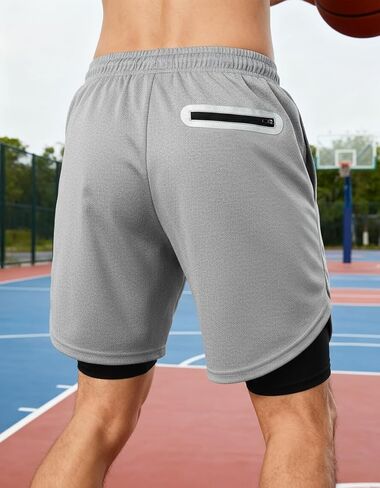 Men's 2 in 1 Workout Running Shorts with Zipper Pockets Lightweight Training Yoga Gym Short Grayish+Black M in Saudi Arabia
