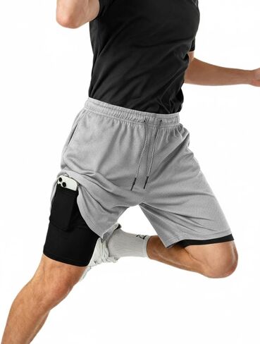 Men's 2 in 1 Workout Running Shorts with Zipper Pockets Lightweight Training Yoga Gym Short Grayish+Black M in Saudi Arabia