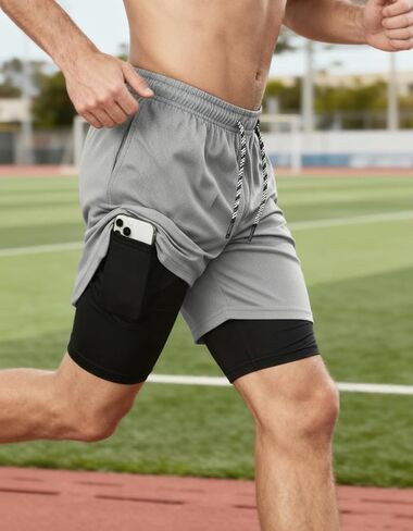 Men's 2 in 1 Workout Running Shorts with Zipper Pockets Lightweight Training Yoga Gym Short Grayish+Black M in Saudi Arabia