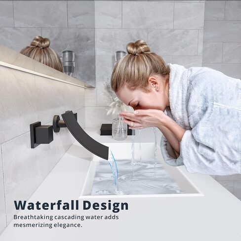 Wall Mount Bathroom Faucet Waterfall Bathroom Sink Faucet with 2 Handles, Widespread 3 Holes Wall Mounted Faucet for Vanity Vessel, Matte Black in Kuwait