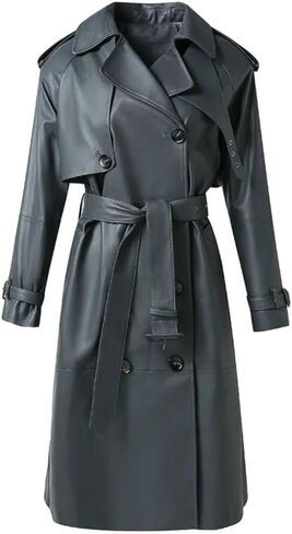 Genuine Sheepskin Leather Lapel Button with Belted Fashionable Long Trench Stunning Grey Coat for Women in Saudi Arabia