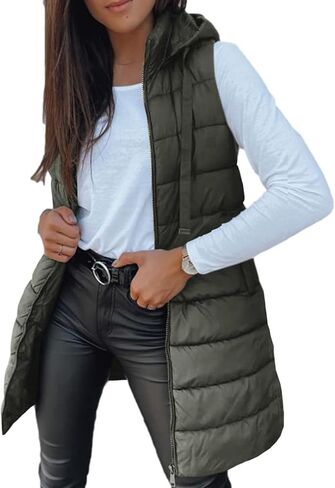 Women Long Puffer Vest Quilted Padded Warm Coat Zip Up Sleeveless Hooded Jackets Casual Puffy Jacket Winter Hoodies in Saudi Arabia