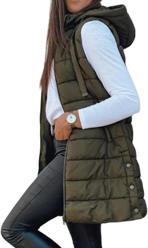 Women Long Puffer Vest Quilted Padded Warm Coat Zip Up Sleeveless Hooded Jackets Casual Puffy Jacket Winter Hoodies in Saudi Arabia