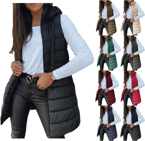 Women Long Puffer Vest Quilted Padded Warm Coat Zip Up Sleeveless Hooded Jackets Casual Puffy Jacket Winter Hoodies in Saudi Arabia