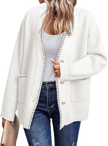 Simplee Womens Chunky Oversized Crochet Cardigan Long Sleeve Cable Knit Sweater Casual V-Neck Button Up Outerwear Coats in Saudi Arabia