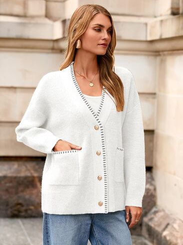 Simplee Womens Chunky Oversized Crochet Cardigan Long Sleeve Cable Knit Sweater Casual V-Neck Button Up Outerwear Coats in Saudi Arabia
