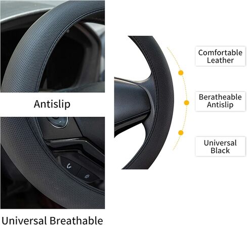 Black Steering Wheel Cover Leather - Universal Auto Car Accessories Breathable Stretchable Thin Rubber Interior for Men for Women 15 Inch (Black) in Saudi Arabia