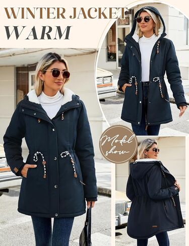 Women's Winter Fleece Lined Sherpa Parka Jacket Warm Thicken Fuzzy Hooded Down Coat Casual Plush Drawstring Outerwear in Saudi Arabia