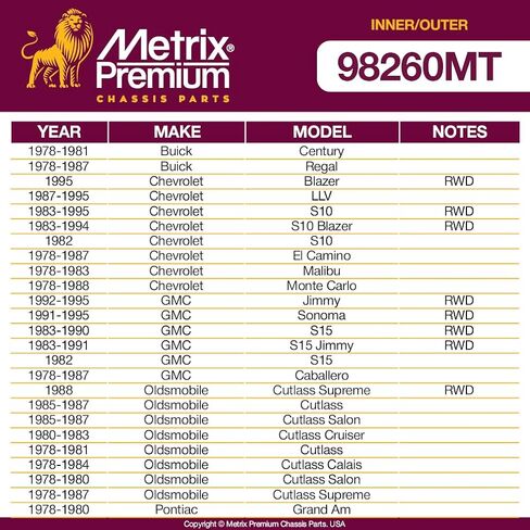 Metrix Premium Chassis Parts - 4 PC Inner & Outer Tie Rod End Kit Fits 78-81 Buick Century, 78-88 Chevrolet Monte Carlo, 92-95 GMC Jimmy, 85-87 Oldsmobile Cutlass, ES2034RLT ES2033RLT Made in Europe in Saudi Arabia