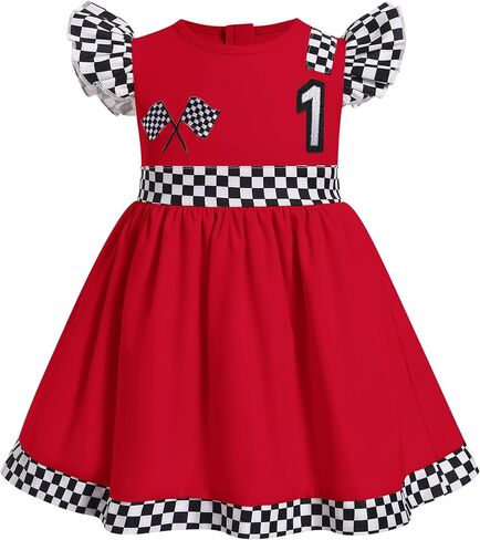 ODASDO Baby Girl Toddler Kids Racing Car 1st 2nd Birthday Outfit Checkered Flutter Sleeve A-line Ruffle Dress in Kuwait