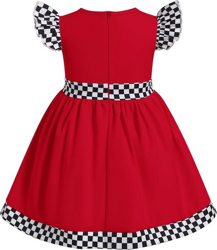 ODASDO Baby Girl Toddler Kids Racing Car 1st 2nd Birthday Outfit Checkered Flutter Sleeve A-line Ruffle Dress in Kuwait