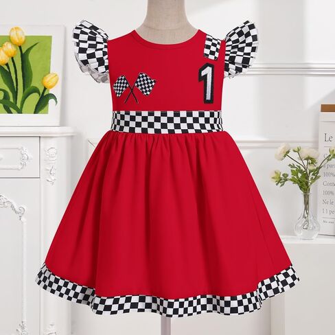 ODASDO Baby Girl Toddler Kids Racing Car 1st 2nd Birthday Outfit Checkered Flutter Sleeve A-line Ruffle Dress in Kuwait