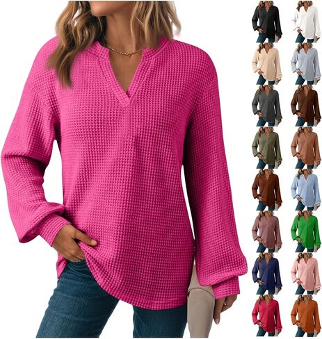 Hoodies for Women Waffle Knit V Neck Sweatshirts Long Sleeve Casual Loose Pullover Sweatshirt Fall Fashion Tops in Saudi Arabia