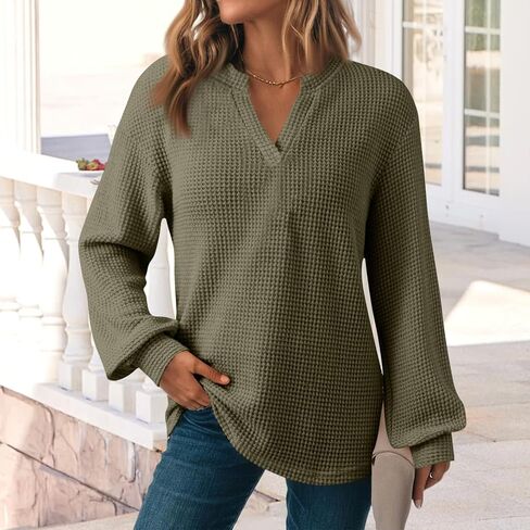 Hoodies for Women Waffle Knit V Neck Sweatshirts Long Sleeve Casual Loose Pullover Sweatshirt Fall Fashion Tops in Saudi Arabia