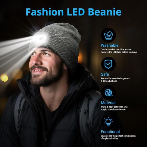 Beanie with Light, Winter Warm LED Beanie, Built-in Headlamp Rechargeable for Men Women, Multiple Colors Available in Saudi Arabia