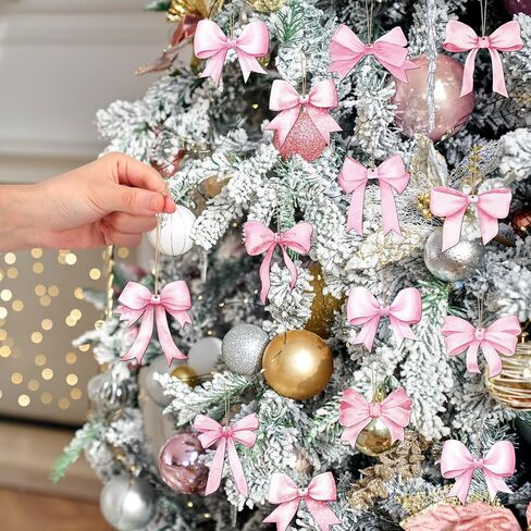 Bucherry 36 Pcs Christmas Pink Bow Ornaments 5.91 Inch Wood Xmas Tree Pink Bow Ornaments Coquettish Bow Christmas Wood Hanging Pendants Xmas Coquettish Bow Tree Decorations for Christmas Party Decor in Saudi Arabia
