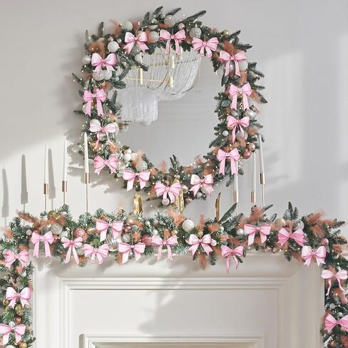 Bucherry 36 Pcs Christmas Pink Bow Ornaments 5.91 Inch Wood Xmas Tree Pink Bow Ornaments Coquettish Bow Christmas Wood Hanging Pendants Xmas Coquettish Bow Tree Decorations for Christmas Party Decor in Saudi Arabia