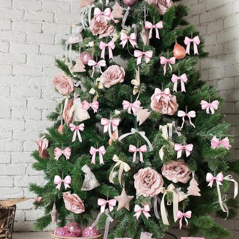 Bucherry 36 Pcs Christmas Pink Bow Ornaments 5.91 Inch Wood Xmas Tree Pink Bow Ornaments Coquettish Bow Christmas Wood Hanging Pendants Xmas Coquettish Bow Tree Decorations for Christmas Party Decor in Saudi Arabia