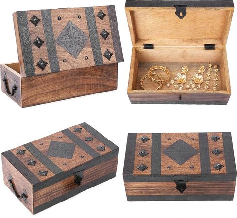 Ajuny Wooden Handcrafted Pirate Treasure Chest Jewelry Box Multipurpose Vintage Shell Strips Keepsake Trinket Storage Case Holder Necklace Earring Organizer Gift, 11x6 Inch in Kuwait